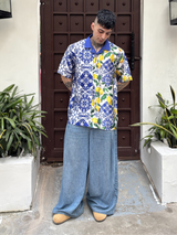 Relaxed Fit Satin Men's Printed Shirt - Amalfi Citrus Drop Shoulder Shirt