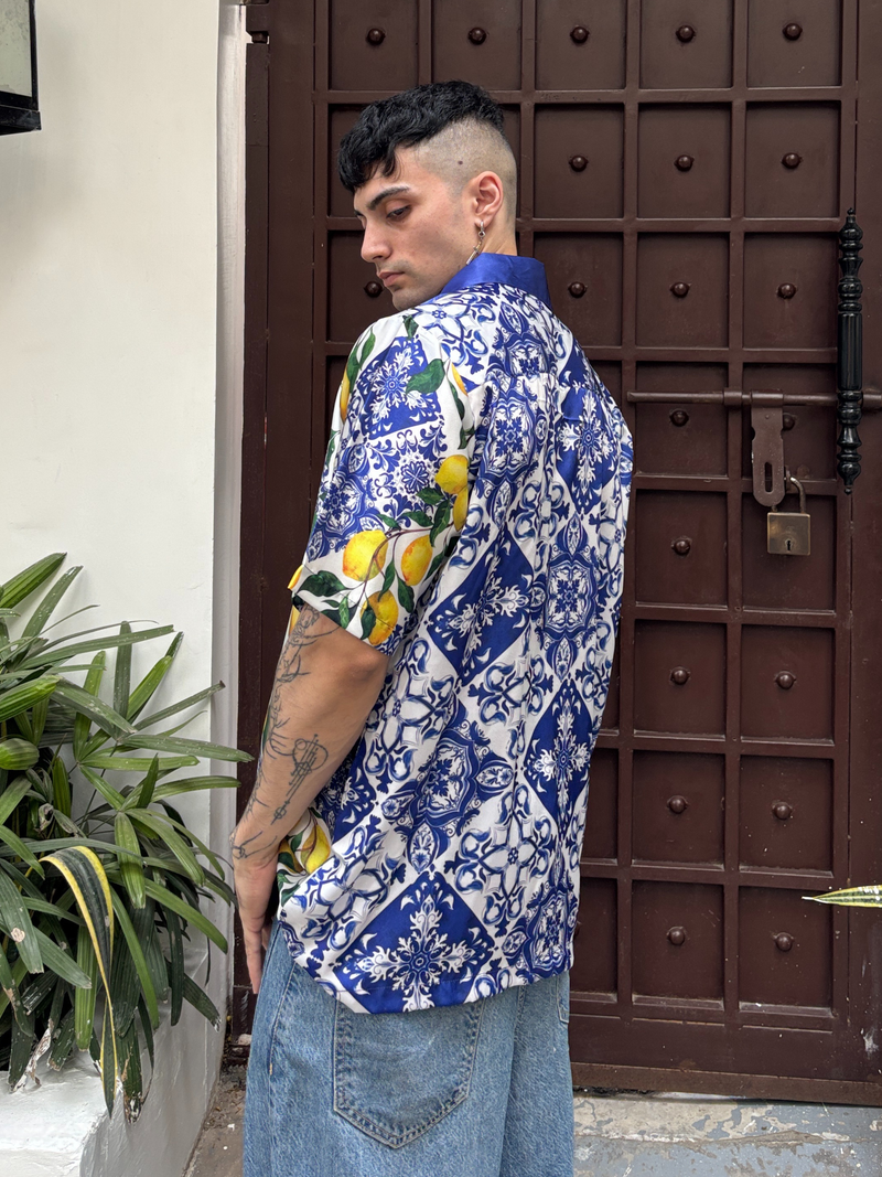 Relaxed Fit Satin Men's Printed Shirt - Amalfi Citrus Drop Shoulder Shirt