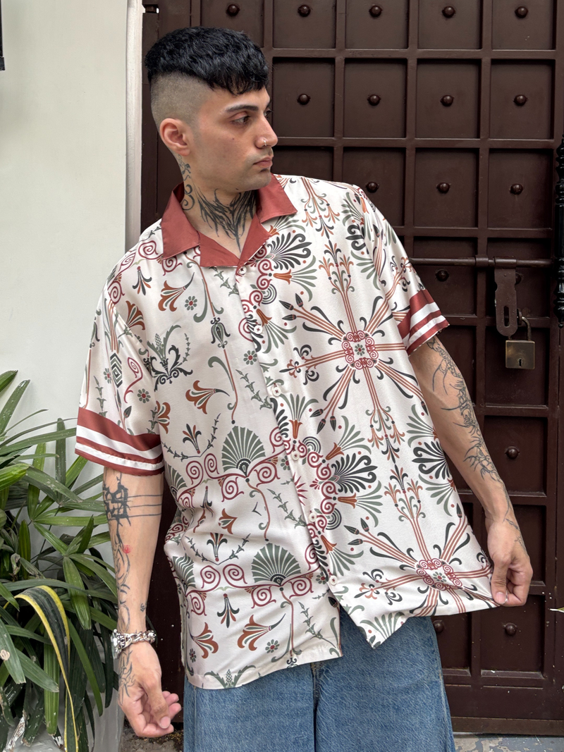 Relaxed Fit Satin Men's Printed Shirt - Greek Noons Drop Shoulder Shirt