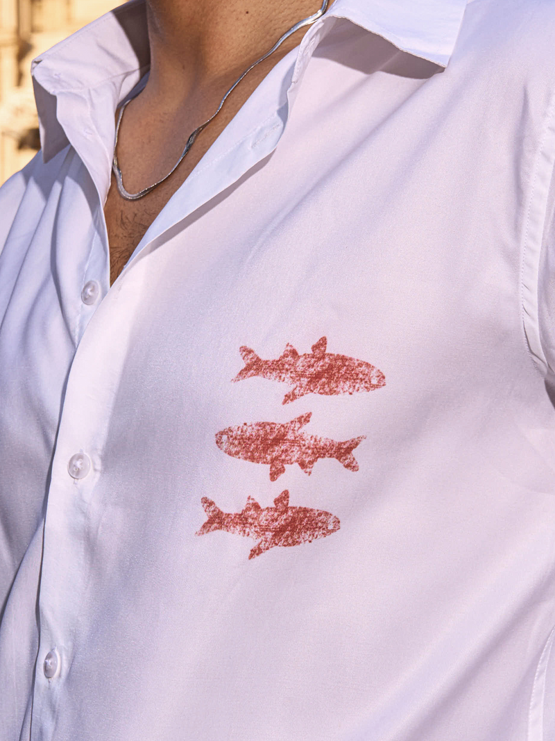 White Cotton Formal Shirt - Textured Fish Button Down Regular Fit Men's Shirt