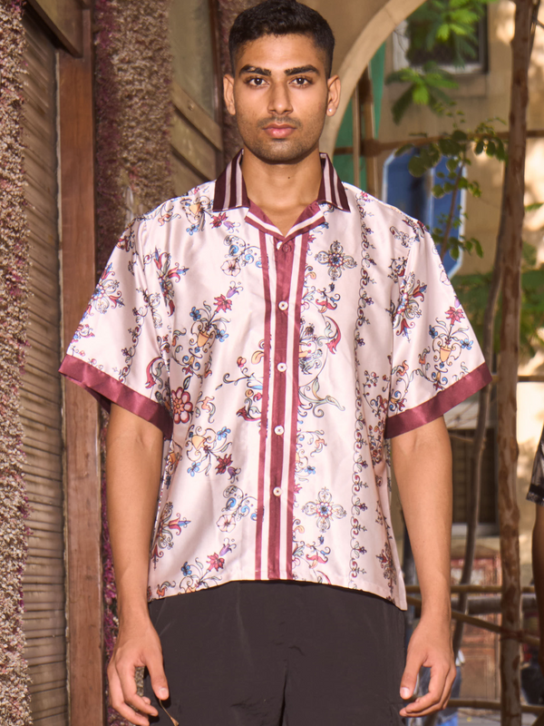 Renaissance Muse Drop Shoulder Fit - Relaxed Fit Satin Men's Printed Shirt