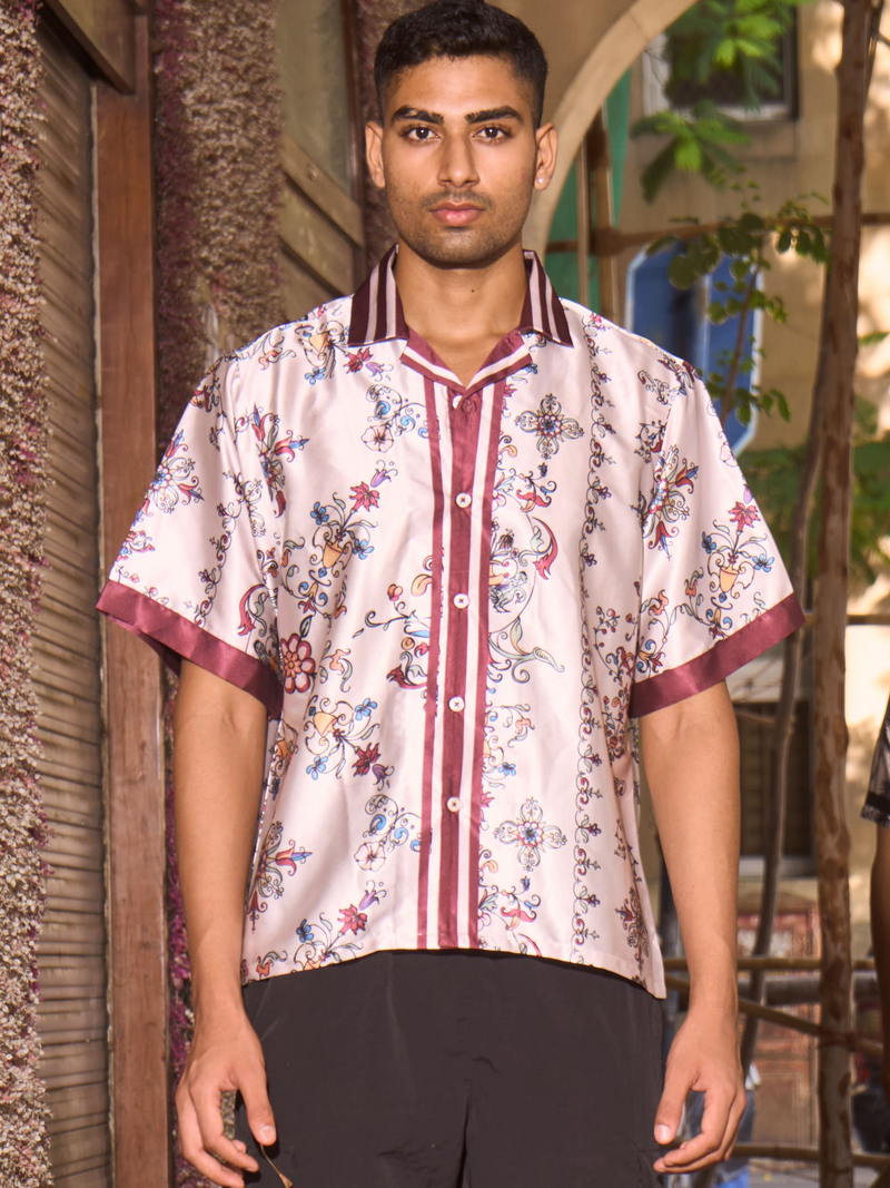 Renaissance Muse Drop Shoulder Fit - Relaxed Fit Satin Men's Printed Shirt