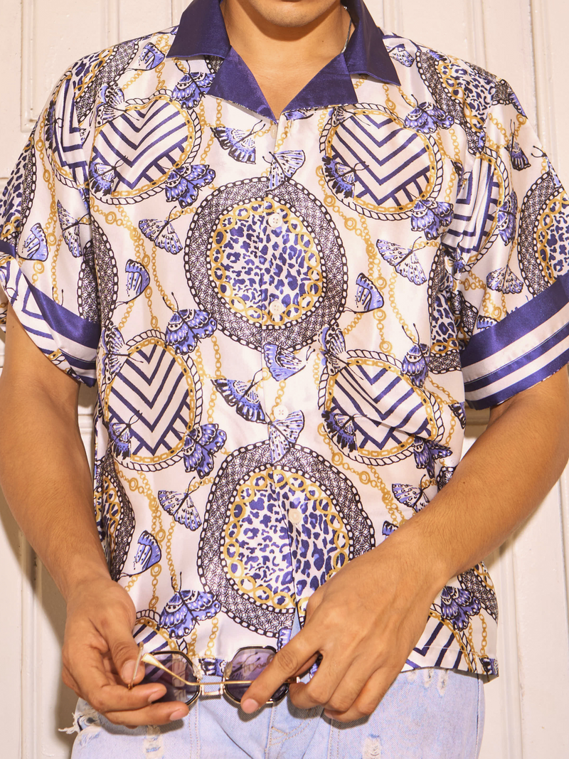 Relaxed Fit Satin Men's Printed Shirt - Regal Butterfly Drop Shoulder Shirt