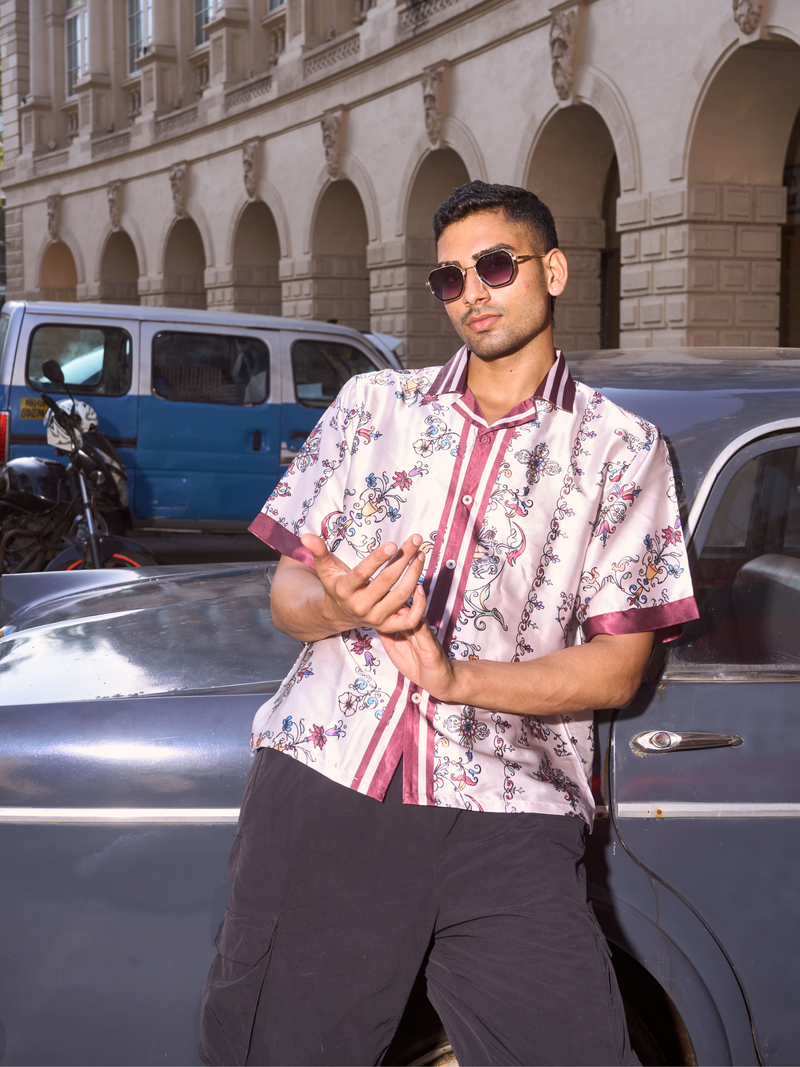 Renaissance Muse Drop Shoulder Fit - Relaxed Fit Satin Men's Printed Shirt