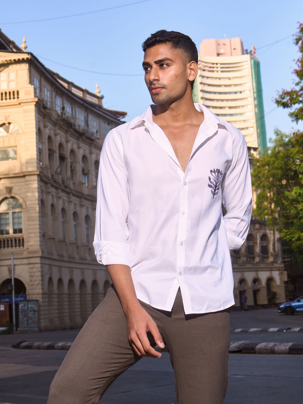 White Cotton  Formal Shirt - Aged Flora Button Down Regular-Fit Men's Shirt