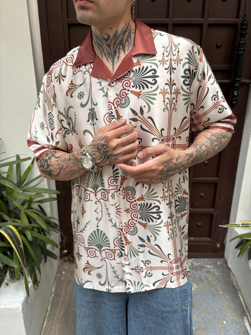 Relaxed Fit Satin Men's Printed Shirt - Greek Noons Drop Shoulder Shirt