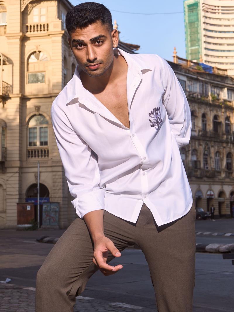 White Cotton  Formal Shirt - Aged Flora Button Down Regular-Fit Men's Shirt