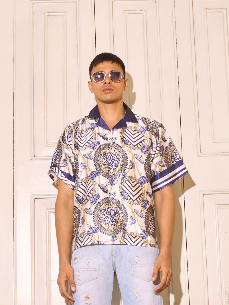 Relaxed Fit Satin Men's Printed Shirt - Regal Butterfly Drop Shoulder Shirt