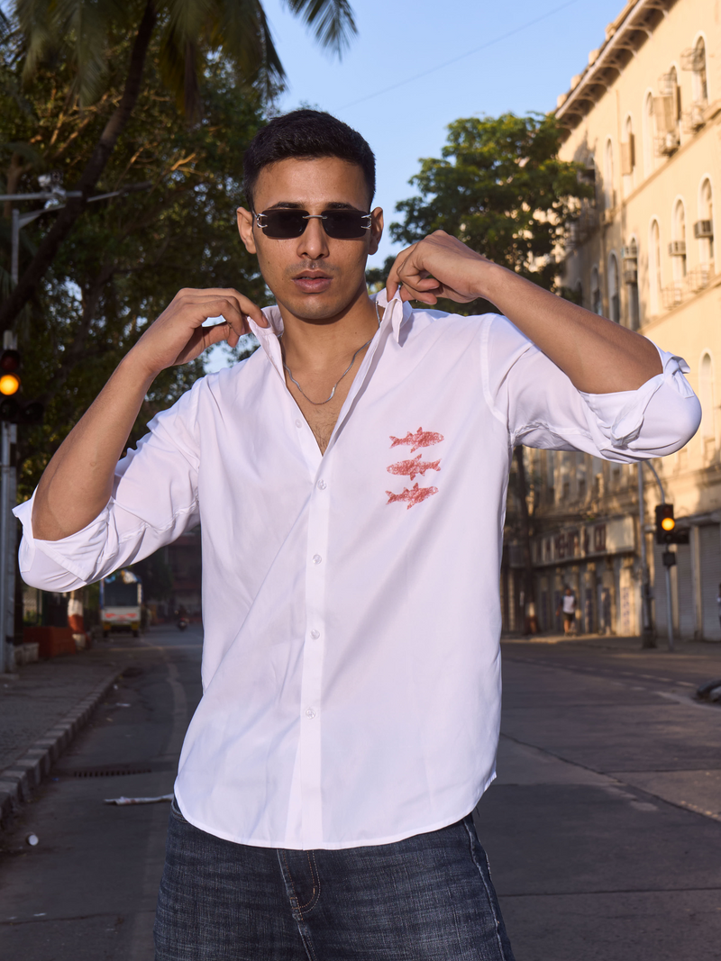 White Cotton Formal Shirt - Textured Fish Button Down Regular Fit Men's Shirt