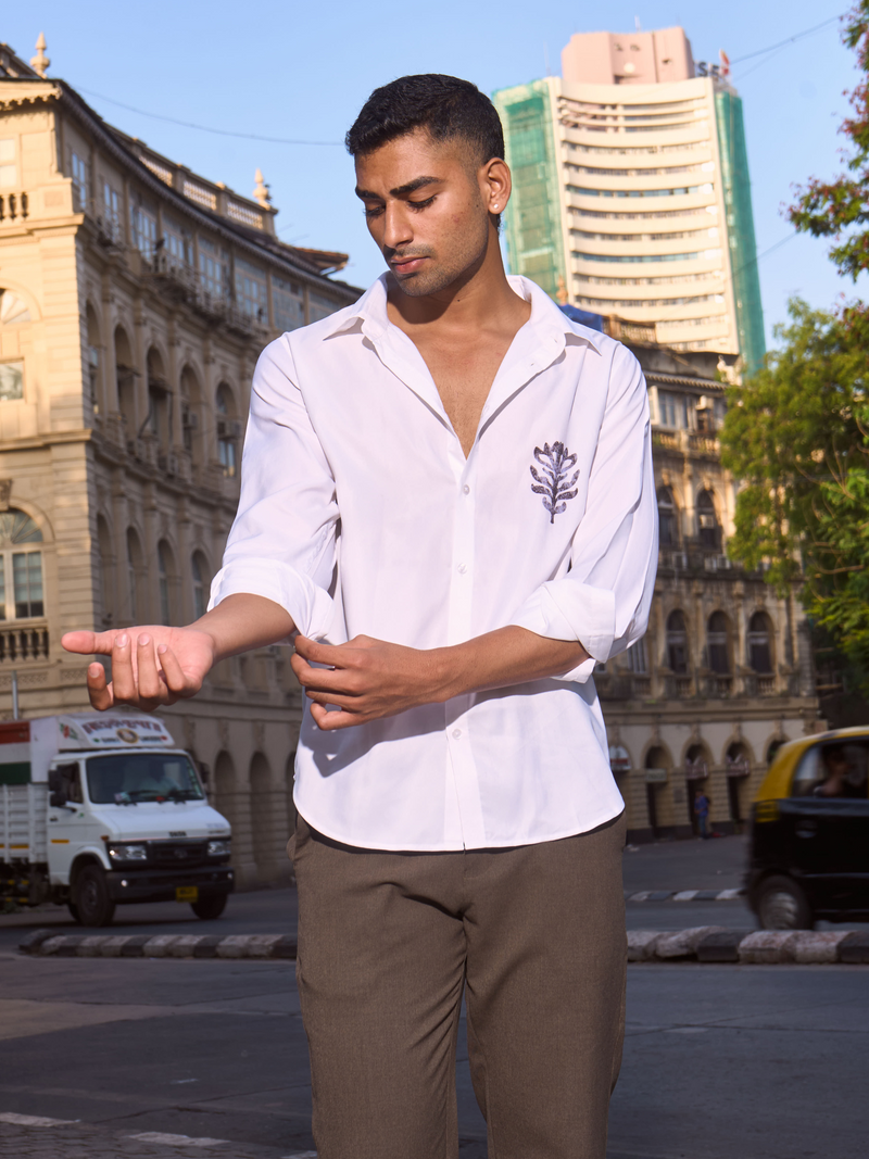 White Cotton  Formal Shirt - Aged Flora Button Down Regular-Fit Men's Shirt