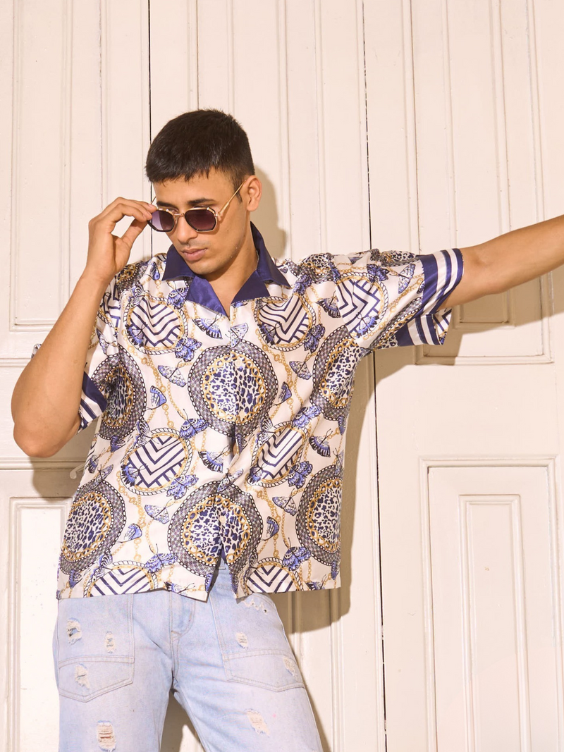 Relaxed Fit Satin Men's Printed Shirt - Regal Butterfly Drop Shoulder Shirt
