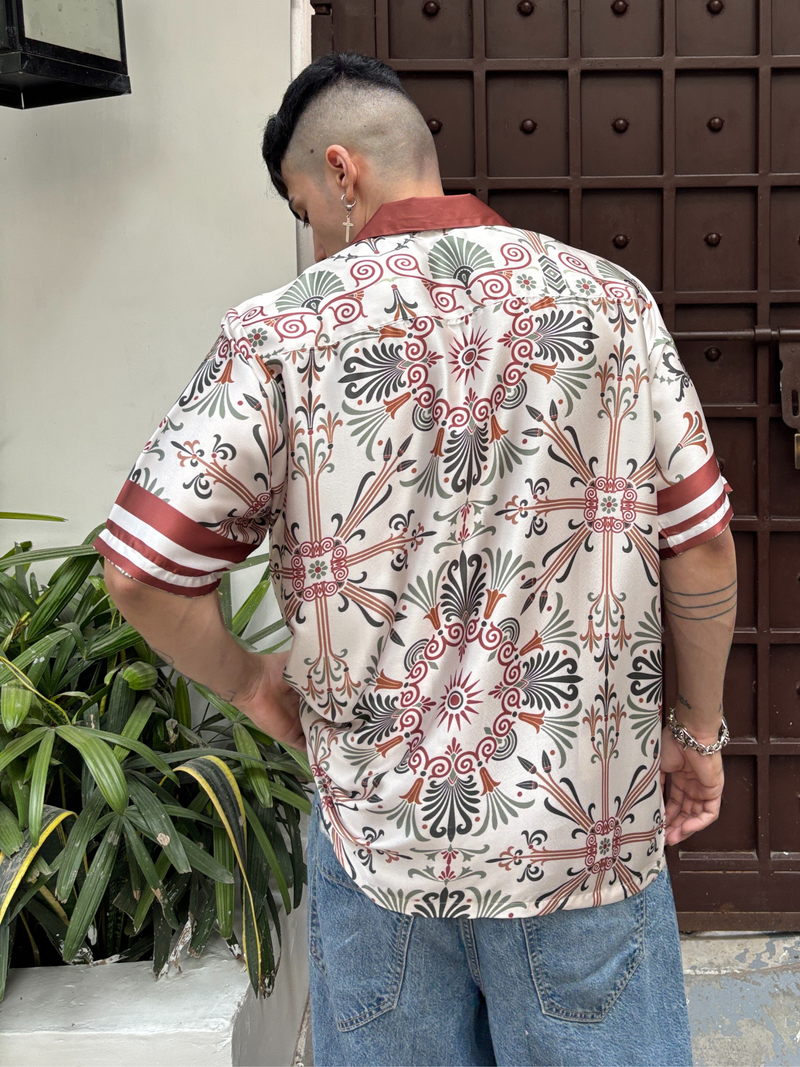 Relaxed Fit Satin Men's Printed Shirt - Greek Noons Drop Shoulder Shirt