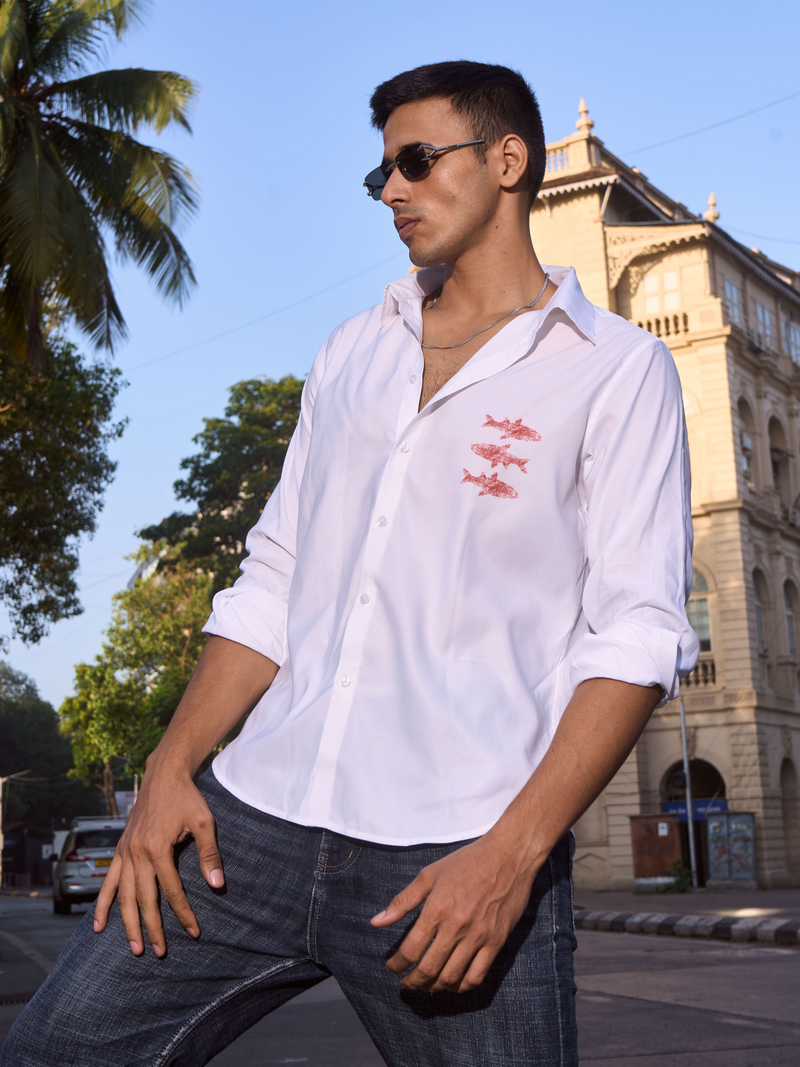 White Cotton Formal Shirt - Textured Fish Button Down Regular Fit Men's Shirt