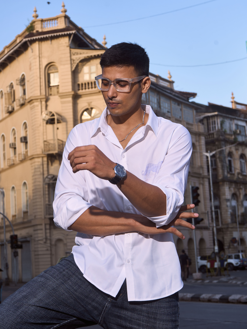 White Cotton Formal Office Shirt - Silent Strength Panther Regular Fit Shirt