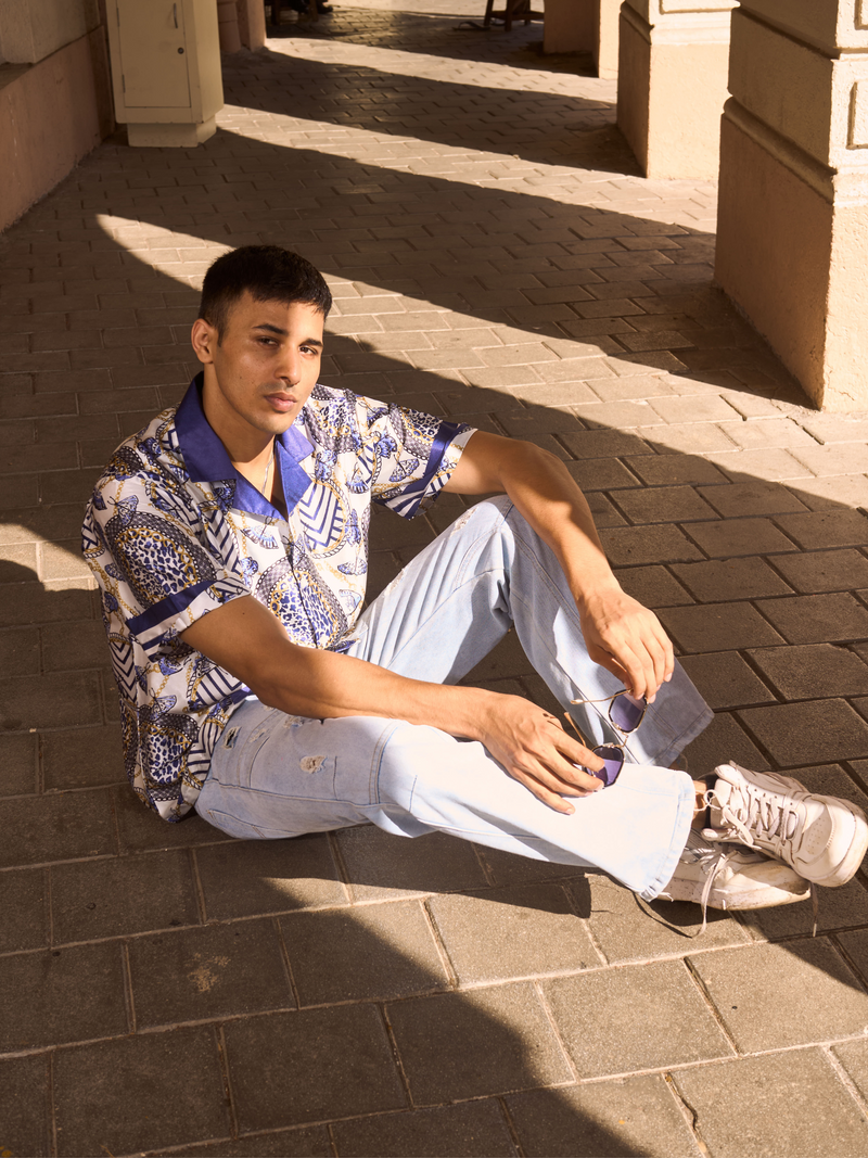 Relaxed Fit Satin Men's Printed Shirt - Regal Butterfly Drop Shoulder Shirt