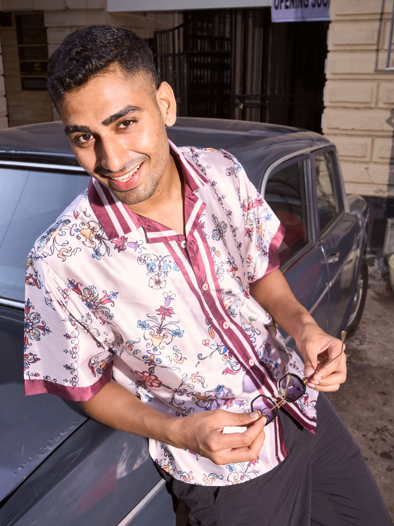 Renaissance Muse Drop Shoulder Fit - Relaxed Fit Satin Men's Printed Shirt