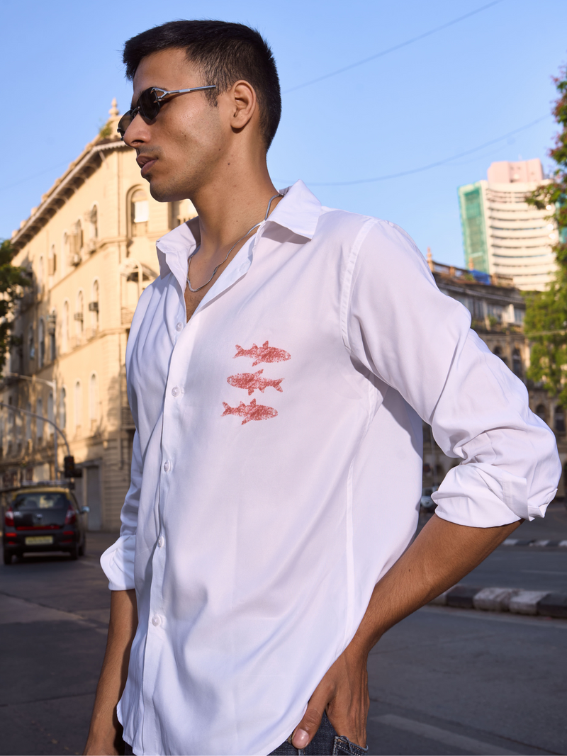 White Cotton Formal Shirt - Textured Fish Button Down Regular Fit Men's Shirt