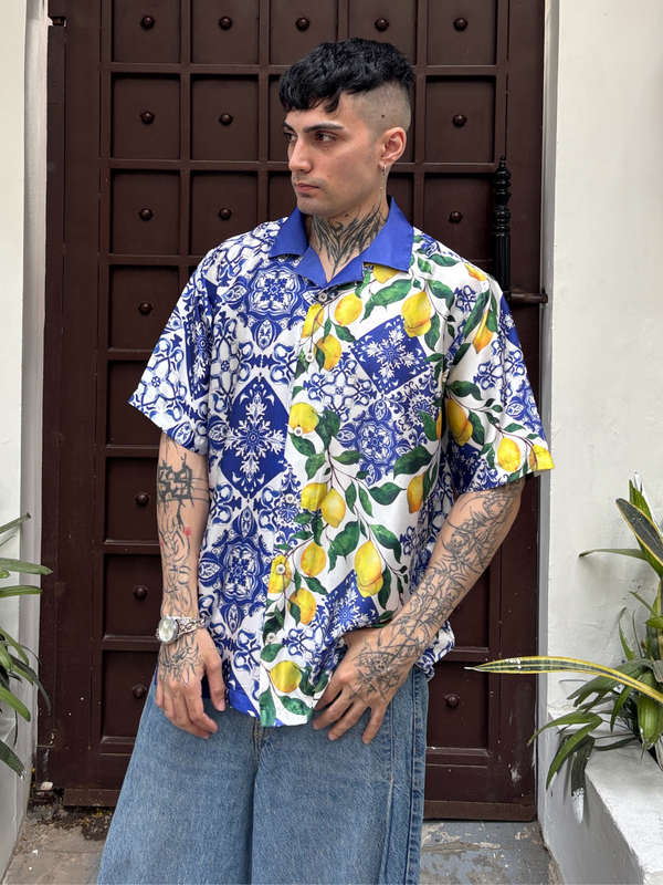 Relaxed Fit Satin Men's Printed Shirt - Amalfi Citrus Drop Shoulder Shirt