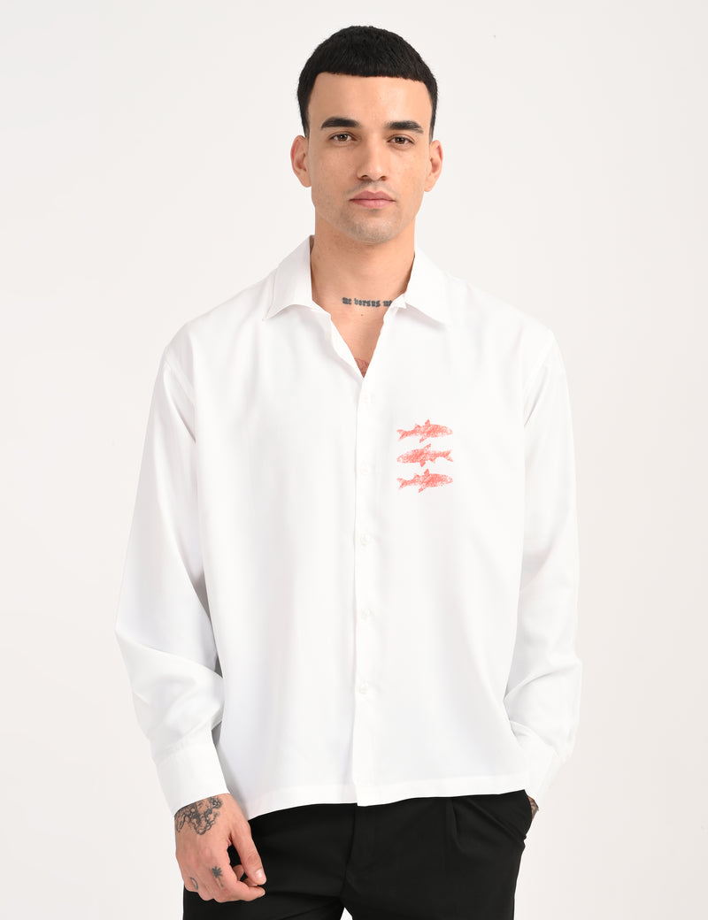 White Cotton Formal Shirt - Textured Fish Button Down Regular Fit Men's Shirt