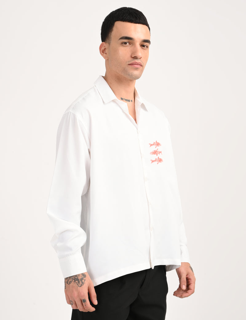 White Cotton Formal Shirt - Textured Fish Button Down Regular Fit Men's Shirt