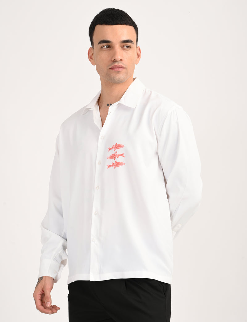 White Cotton Formal Shirt - Textured Fish Button Down Regular Fit Men's Shirt