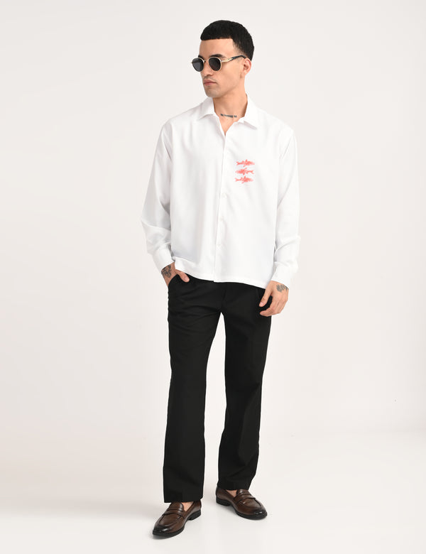 White Cotton Formal Shirt - Textured Fish Button Down Regular Fit Men's Shirt