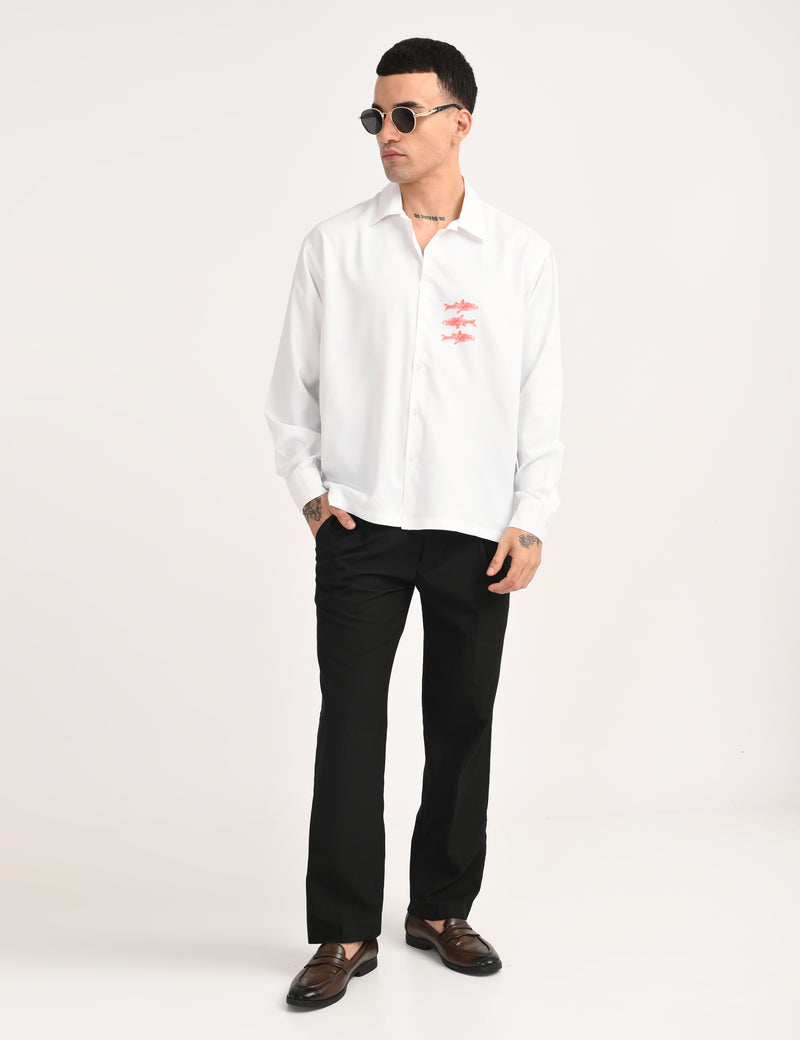 White Cotton Formal Shirt - Textured Fish Button Down Regular Fit Men's Shirt
