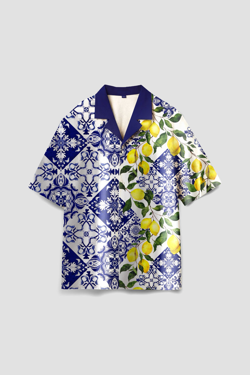 Relaxed Fit Satin Men's Printed Shirt - Amalfi Citrus Drop Shoulder Shirt